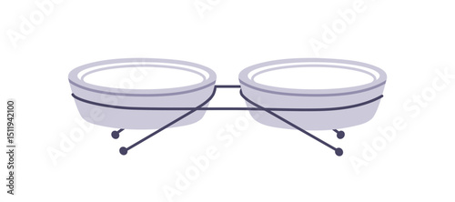 Double pet bowls for food and water. Empty dishes, feline and canine plates, dogs and cats accessory for feeding meal. Containers on stand. Flat vector illustration isolated on white background.