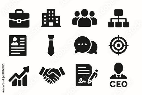Business icons set: briefcase, chart, ceo, handshake, network