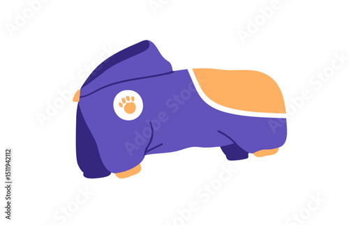 Dogs clothes. Canine animals hoodie outfit. Cute comfortable pet apparel, bodysuit. Puppies protection body suit with hood for outdoor walking. Flat vector illustration isolated on white background.