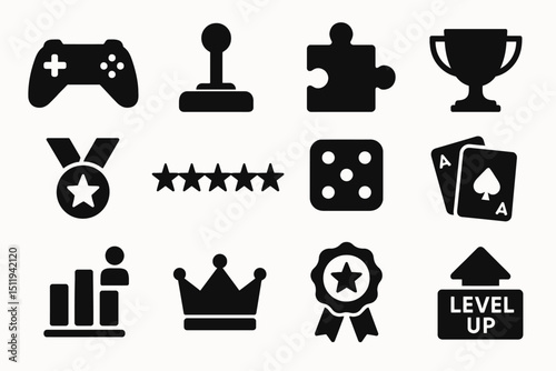Gaming icons set: controller, joystick, puzzle piece, trophy, medal, stars, dice, cards, chart, crown, ribbon, level up