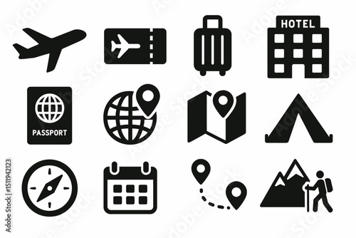 Travel icons: airplane, passport, suitcase, hotel, map, compass, calendar, hiking, camping