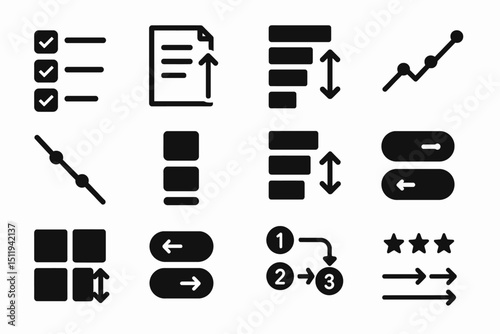 Set of black icon illustrations for graphs, lists, and ratings