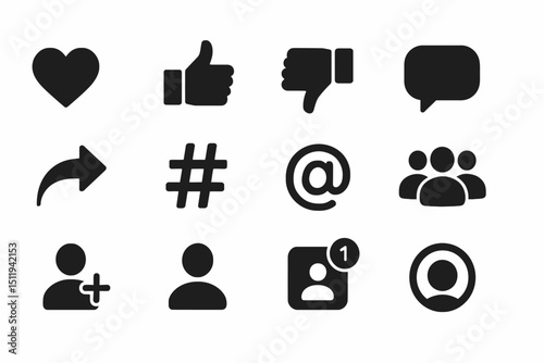 Social media icons: heart, thumbs, hashtag, at symbol, user group, profile