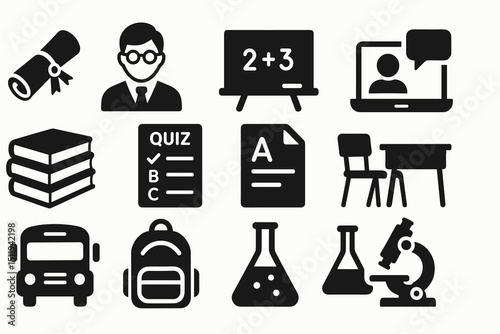 Education icons: school supplies, teacher, blackboard, chemistry