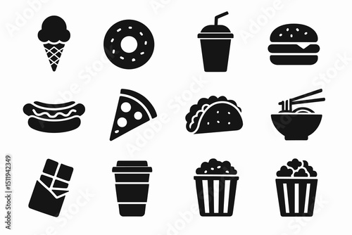 Set of black food icons including ice cream, donut, burger, pizza, and more
