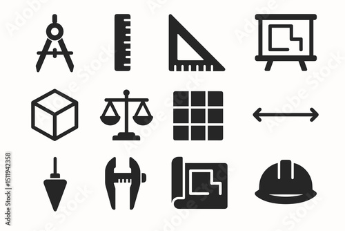 Engineering and construction tools icons set: compass, ruler, blueprint, hardhat