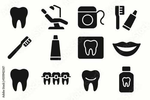 Dental care icons: tooth, floss, toothbrush, toothpaste, chair, braces