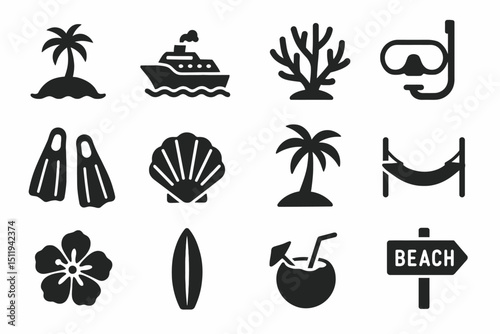 Beach icons: palm, cruise, coral, snorkel, shell, hammock, hibiscus, surfboard, coconut, sign