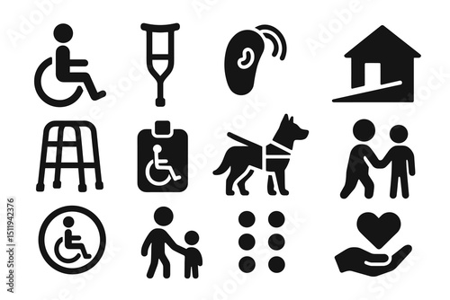 Accessible icons: wheelchair, hearing aid, guide dog, crutch, ramp, walker, braille