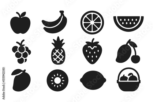 Silhouette icons of various fruits including apple, banana, citrus, and more