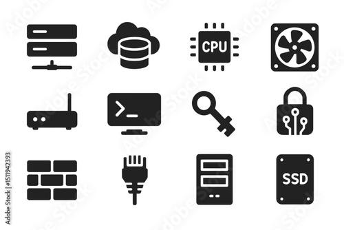 Technology icons set featuring cpu, cloud storage, networking, and security symbols