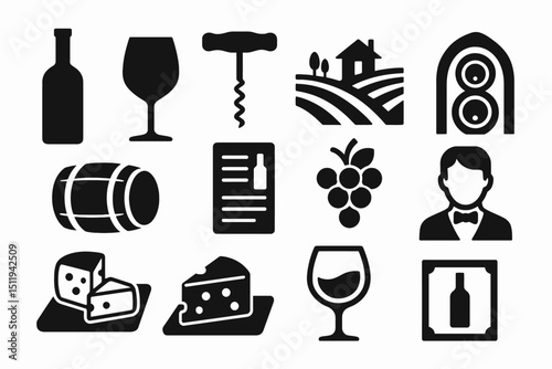 Wine and cheese icons: bottle, glass, grapes, cheese, sommelier symbols