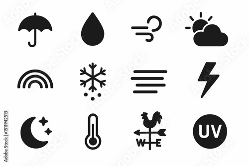 Weather icons: umbrella, raindrop, wind, sun, cloud, rainbow, snowflake, lightning, moon, temperature, wind vane, uv