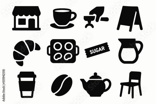 Cafe icons: coffee, bakery, furniture, kitchenware silhouettes set