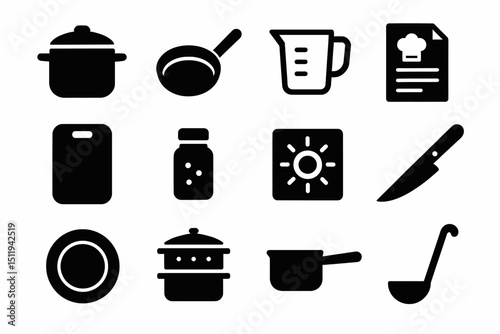 Black kitchen utensils icons: pot, pan, measuring cup, recipe, knife, cutting board
