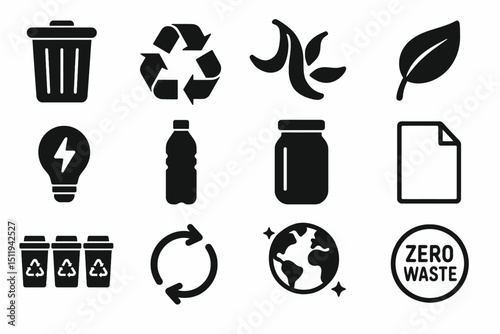 Recycling and sustainability icons: trash, recycle, compost, energy, eco-friendly symbols