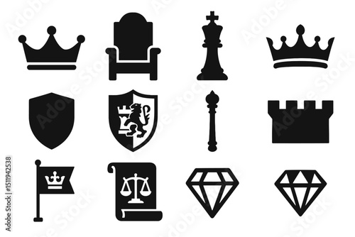 Black silhouette icons: crown, throne, chess king, shield, royal banner, justice scales, diamonds