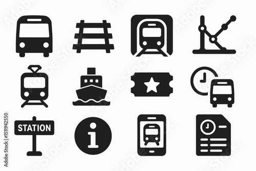 Public transport icons set: bus, train, boat, and station symbols