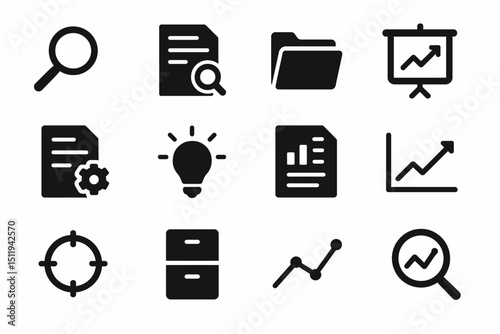 Business and analysis icons: magnifying glass, analytics, documents, folder, charts