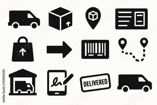 Shipping and delivery icons: van, parcel, location, barcode, route, warehouse, delivery status