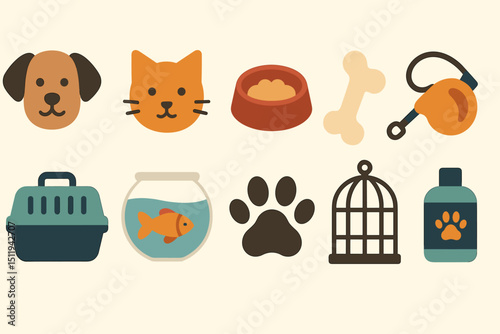 Pet care essentials: icons of dog, cat, fish, and accessories