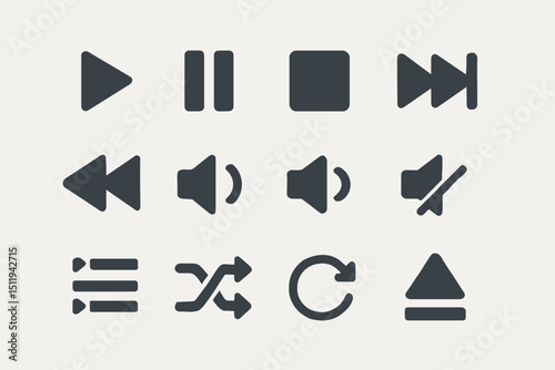 Flat design media player icons set: play, pause, stop, volume, shuffle