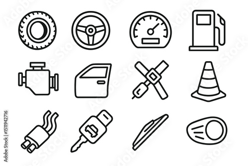 Automotive icons: tire, steering wheel, speedometer, fuel pump, engine, car door, satellite, cone, exhaust, key, wiper, headlight