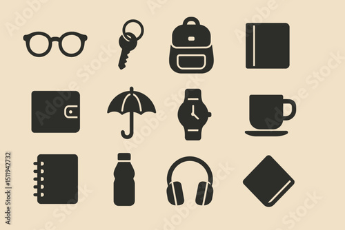 Set of modern icons: glasses, key, backpack, book, wallet, umbrella, watch, mug, notebook, bottle, headphones, napkin