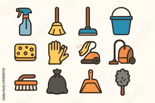 Colorful cleaning icons featuring spray bottle, broom, mop, and more tools