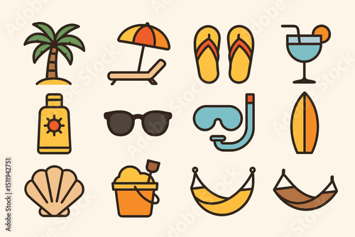 Summer beach icons: palm tree, umbrella, flip flops, drink, sunscreen, sunglasses, snorkel, surfboard