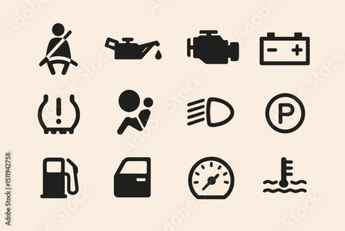 Car dashboard warning and indicator icons collection