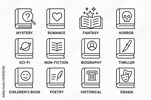 Icon set representing various book genres including mystery, romance, fantasy, horror, sci-fi