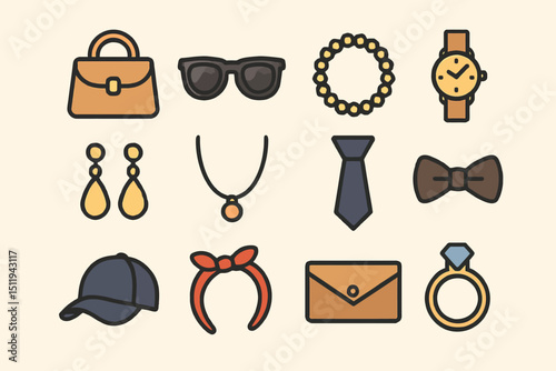 Collection of fashion accessories: handbag, jewelry, watch, and more