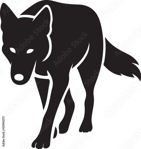 A black silhouette of a wolf walking, viewed from the side