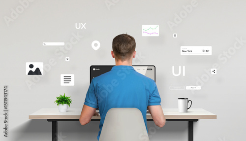 Web designer or developer seated in front of a laptop, seen from behind, actively working on a site interface. Around the desk float various UI elements—buttons, menus, boxes—illustrating the creative