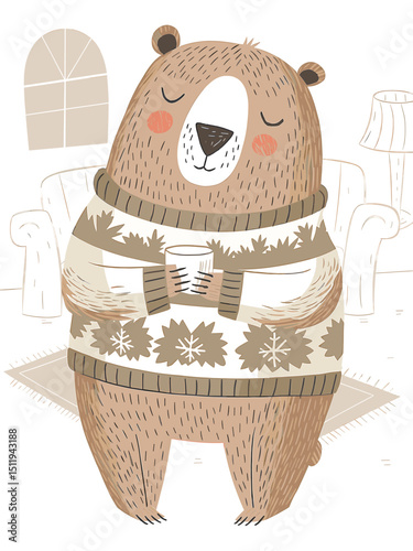 Cozy Bear Enjoying a Warm Beverage in Sweater