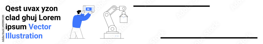 Fototapeta premium Engineer using tablet to control robotic arm in industrial automation. Ideal for technology, innovation, engineering, manufacturing, robotics, smart factory, simple landing page