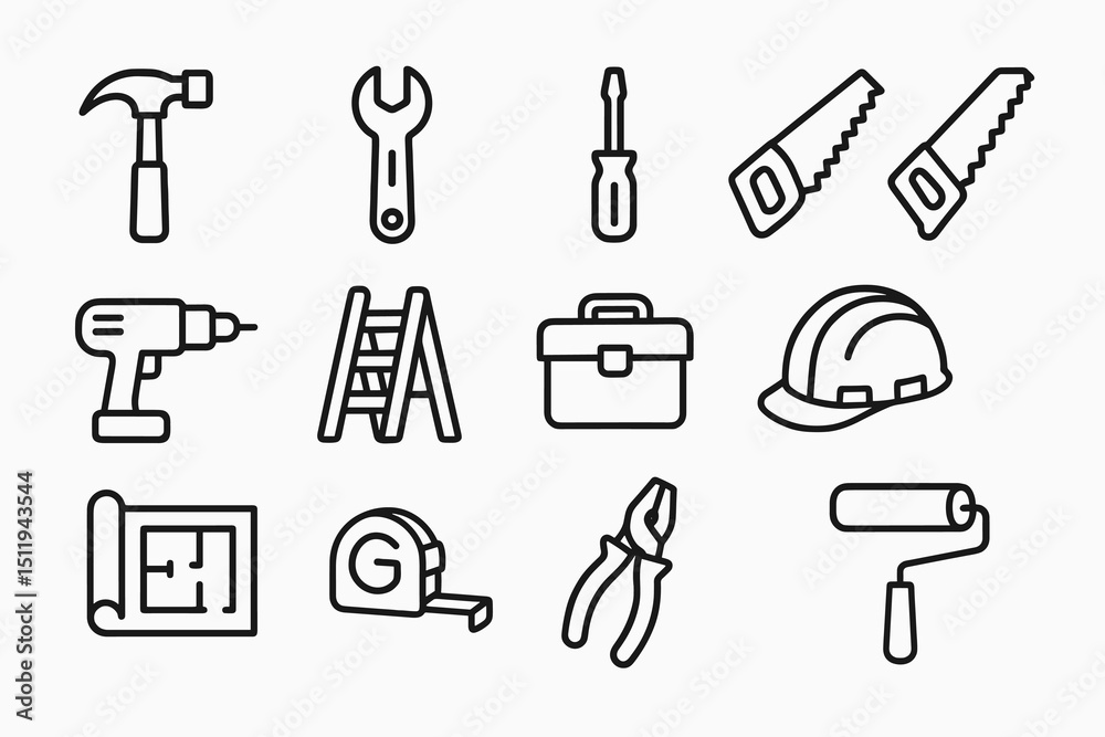 Obraz premium Construction tools outline icons: hammer, wrench, saw, drill, ladder, toolbox, helmet