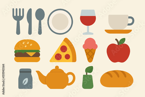 Colorful assortment of food and drink icons on cream background