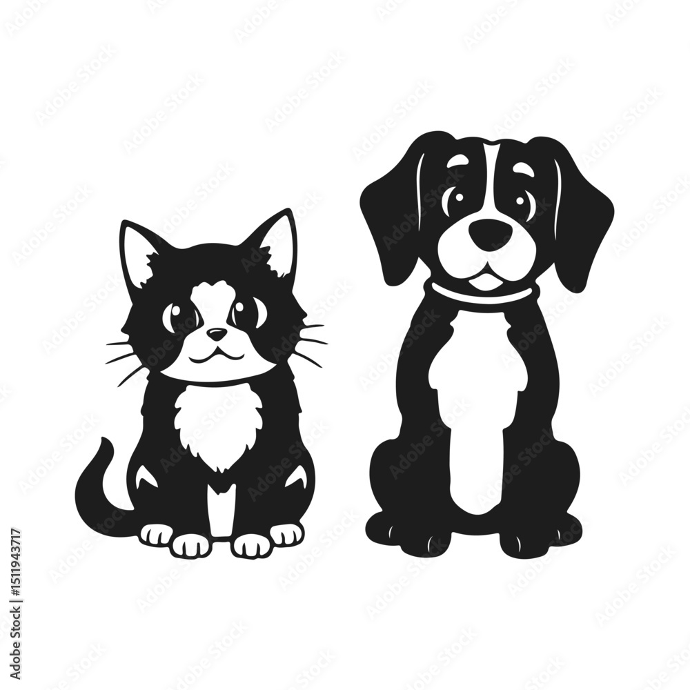 Obraz premium Cartoon cat and dog, cute pet friends, funny animal characters, adorable vector art, playful animal drawing 
