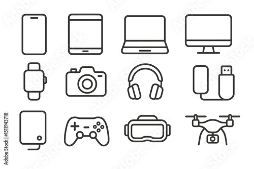 Outline icons of electronic gadgets: smartphone, tablet, laptop, watch, camera, headphones, usb, game controller, vr headset, drone