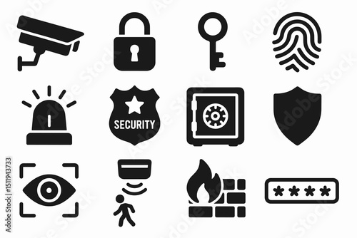 Security icons: surveillance, lock, key, fingerprint, alarm, and firewall