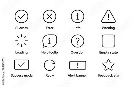 Set of user interface icons: success, error, warning, loading, and more