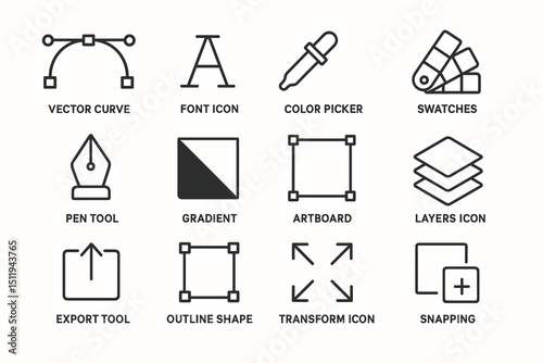 Graphic design tools icons: vector curve, font, color picker, layers, transform