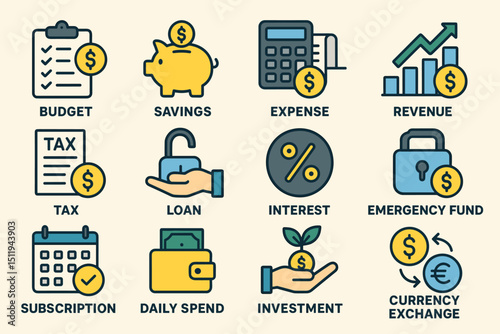 Financial icons set representing budget, savings, expenses, revenue, taxes, loans, and investments