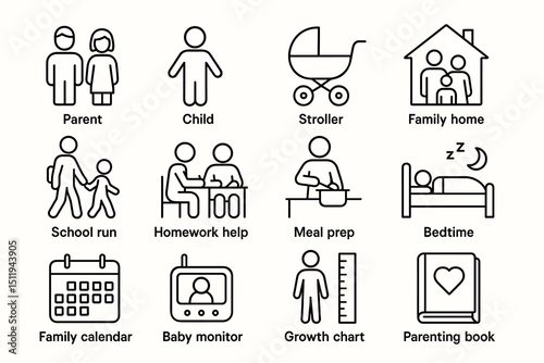 Parenting icons: family, child, stroller, home, school, homework, meal, bedtime