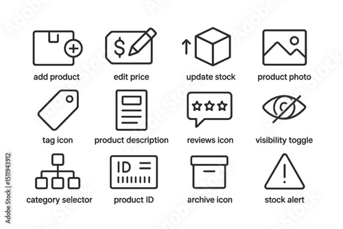 E-commerce icons set: add product, edit price, update stock, reviews