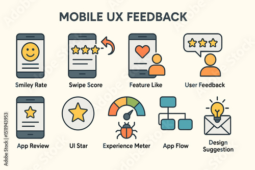 Mobile ux feedback overview: smiley rate, swipe score, feature like, user feedback, app review