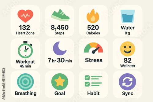 Health metrics dashboard: heart, steps, calories, water, and wellness tracking
