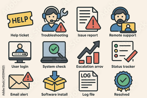 Help desk icons: troubleshooting, support, installation, resolution